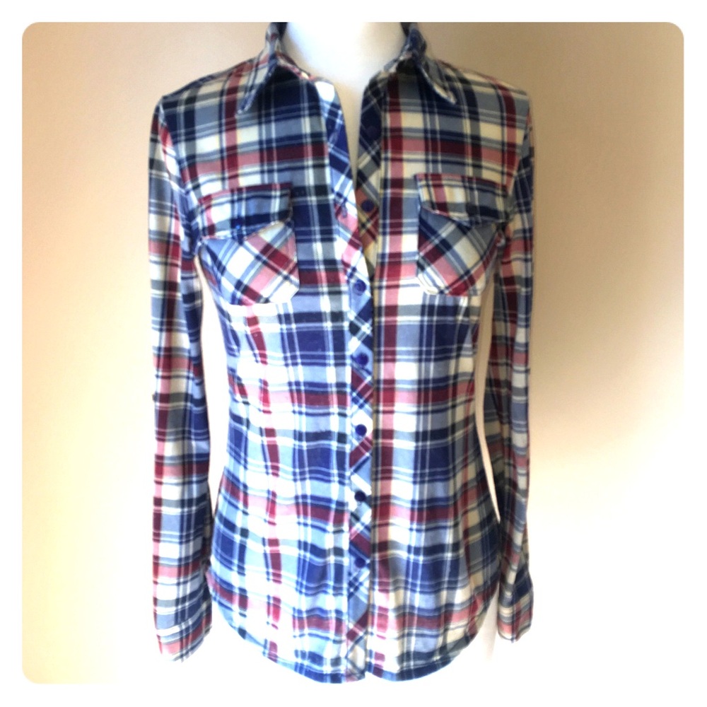 Flannel plaid button up collared red navy white